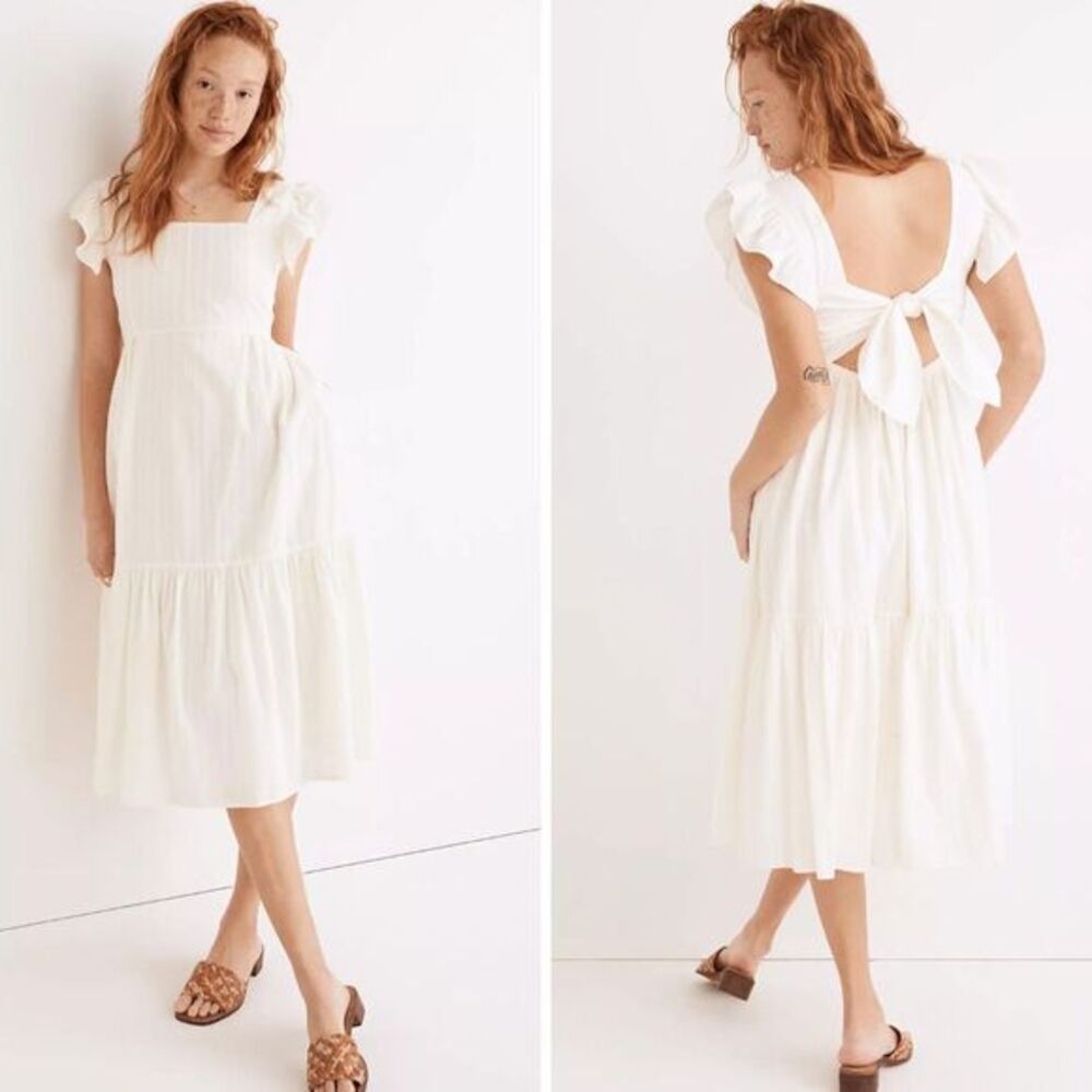 NEW Madewell Ruffle-Strap Tiered‎ Midi Dress in Textural Stripe, XL - Picture 2 of 16